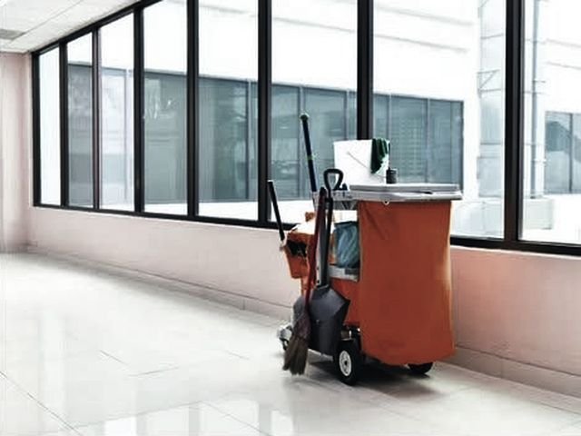 A janitorial cart staged in an empty office corridor before an overnight cleaning shift